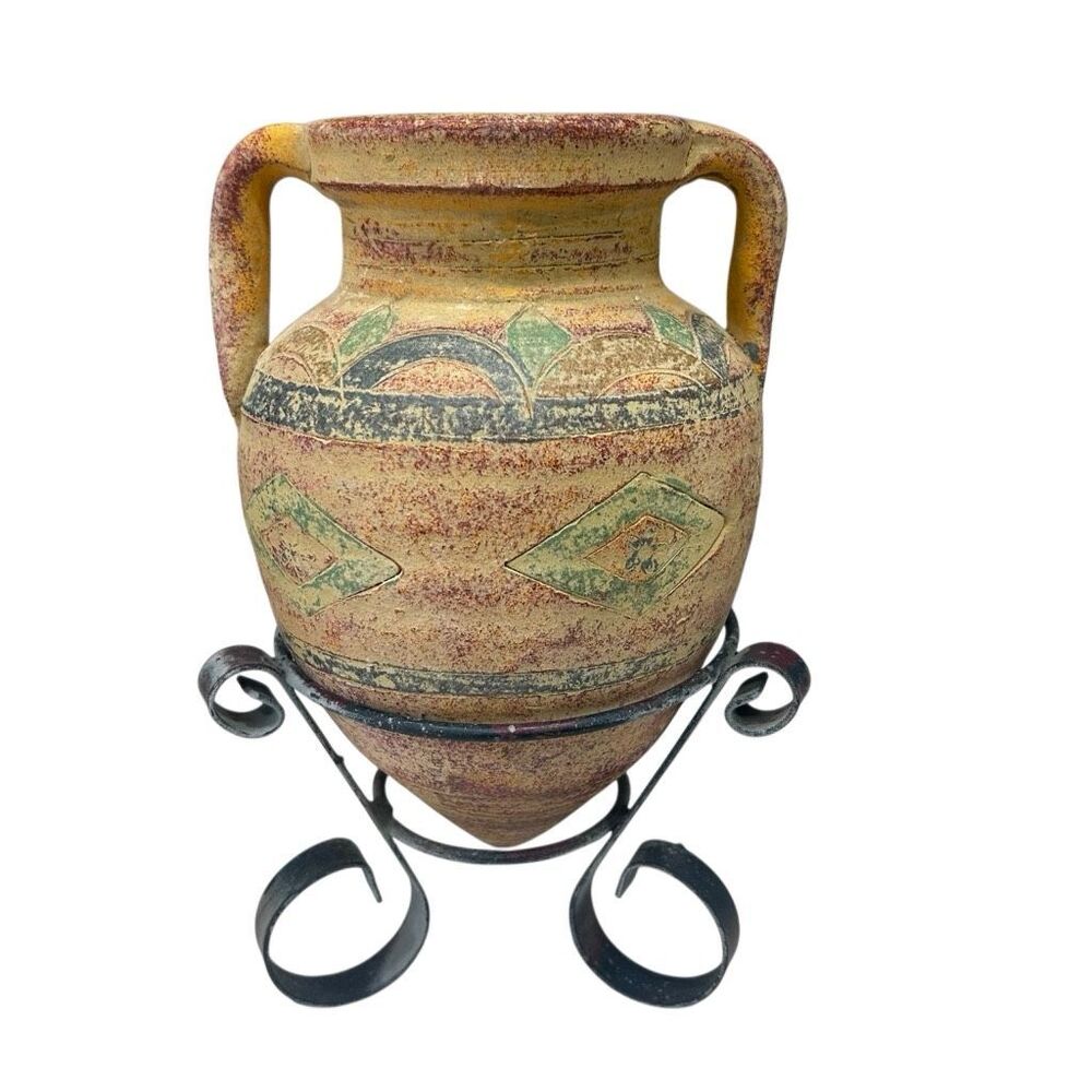 Vtg Earthenware Amphora-style Vase W/ Metal Scroll Stand 10.5"x 7.5" Geo Motifs